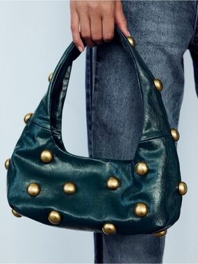 Zara Dark Green Leather Shoulder Bag with Gold Studs